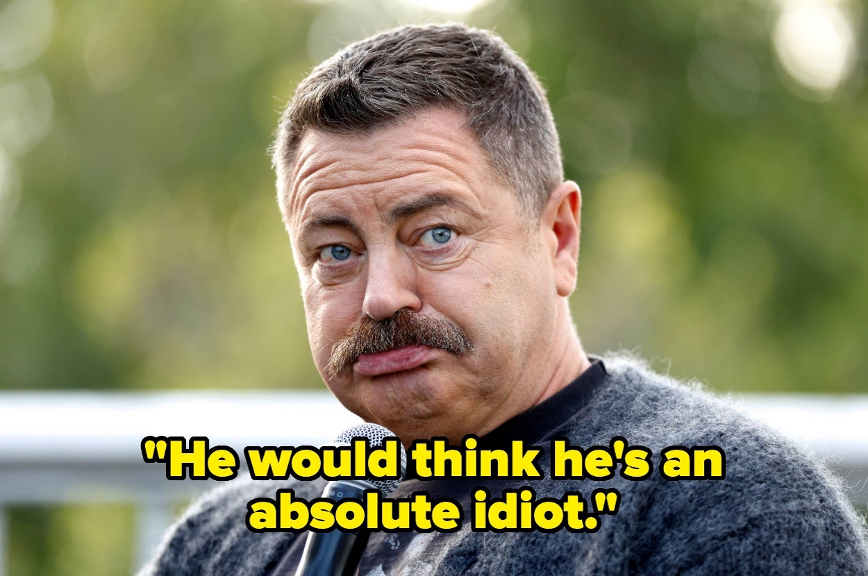 Person with a mustache looking confused, wearing a textured sweater. Text overlay: "He would think he's an absolute idiot."
