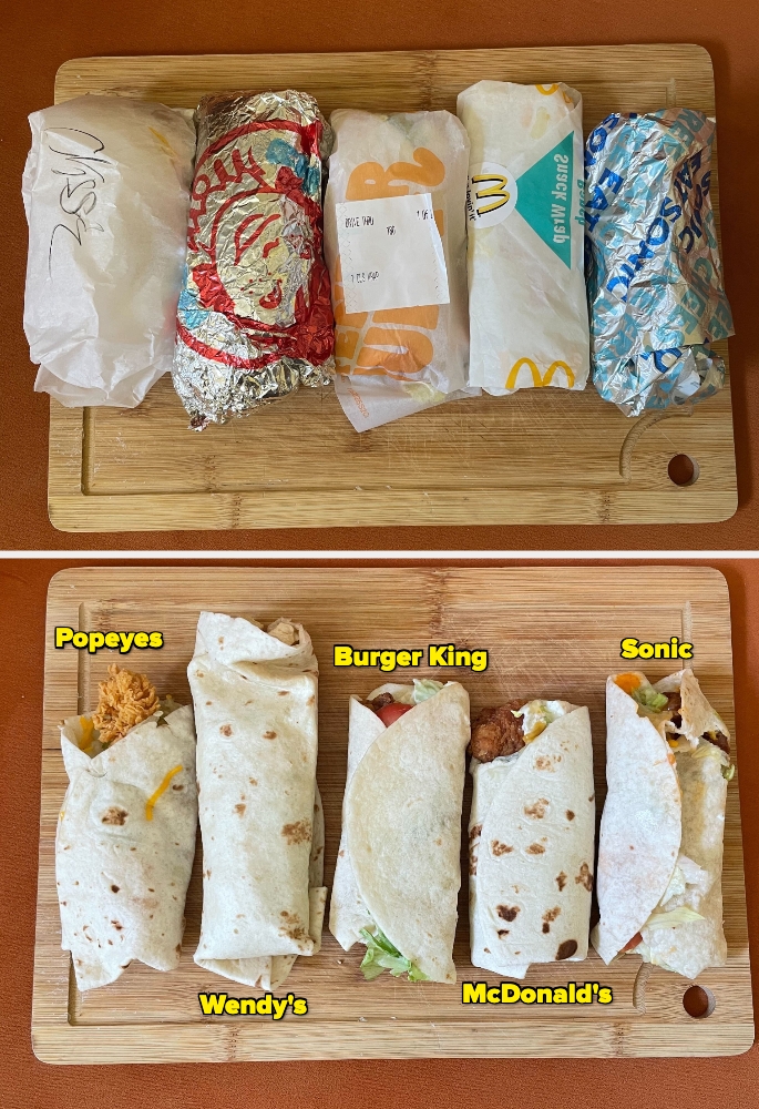 Five different fast food chicken wraps on a cutting board; text labels: Popeyes, Wendy's, Burger King, McDonald's, Sonic