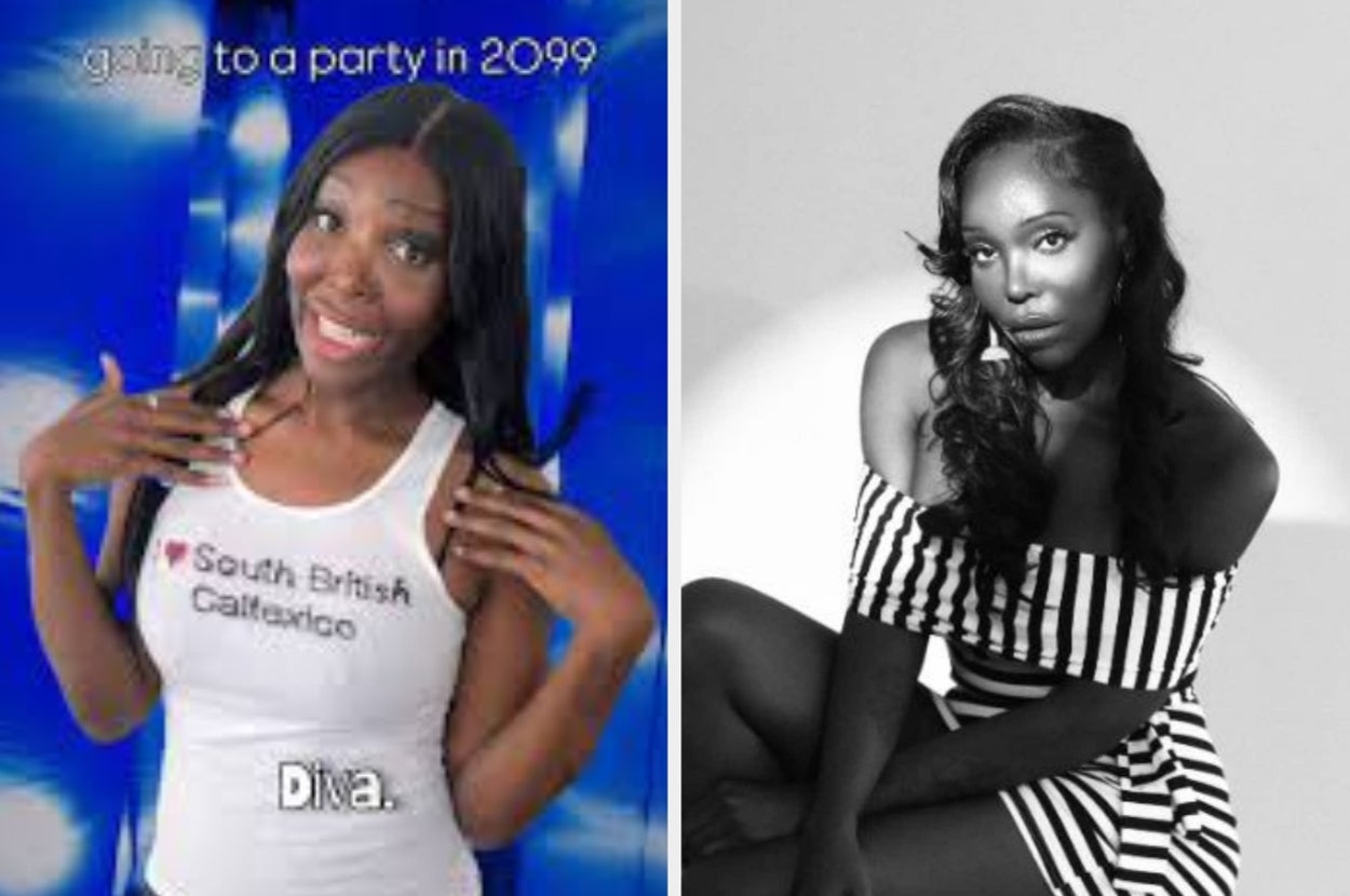 Two photos of a woman: one smiling with a printed tank top, the other in a striped off-shoulder dress, seated and looking thoughtful