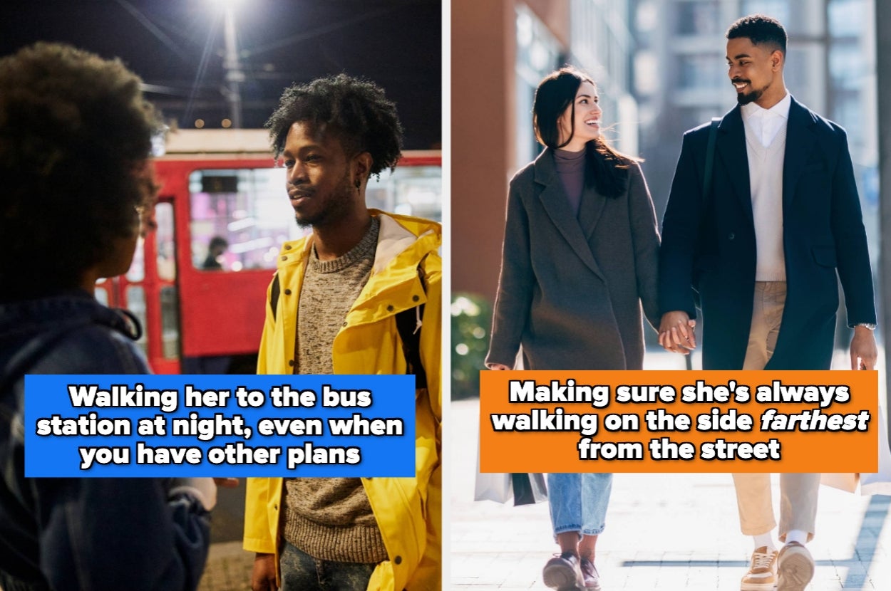 Split image: Left shows a person in a yellow jacket at a bus station; right shows a couple, with the man walking on the street side for safety