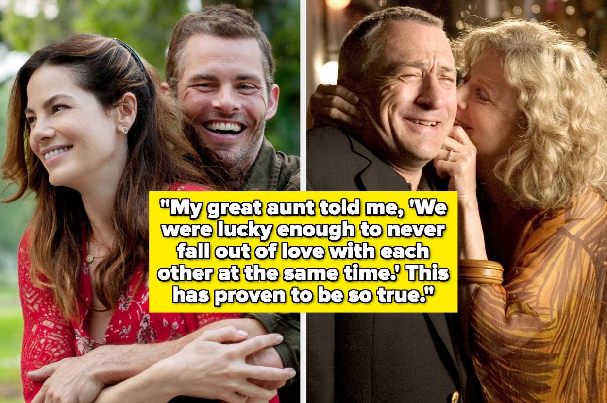 Split image of two couples. Text: "My great aunt told me, 'We were lucky enough to never fall out of love with each other at the same time.' This has proven to be so true."