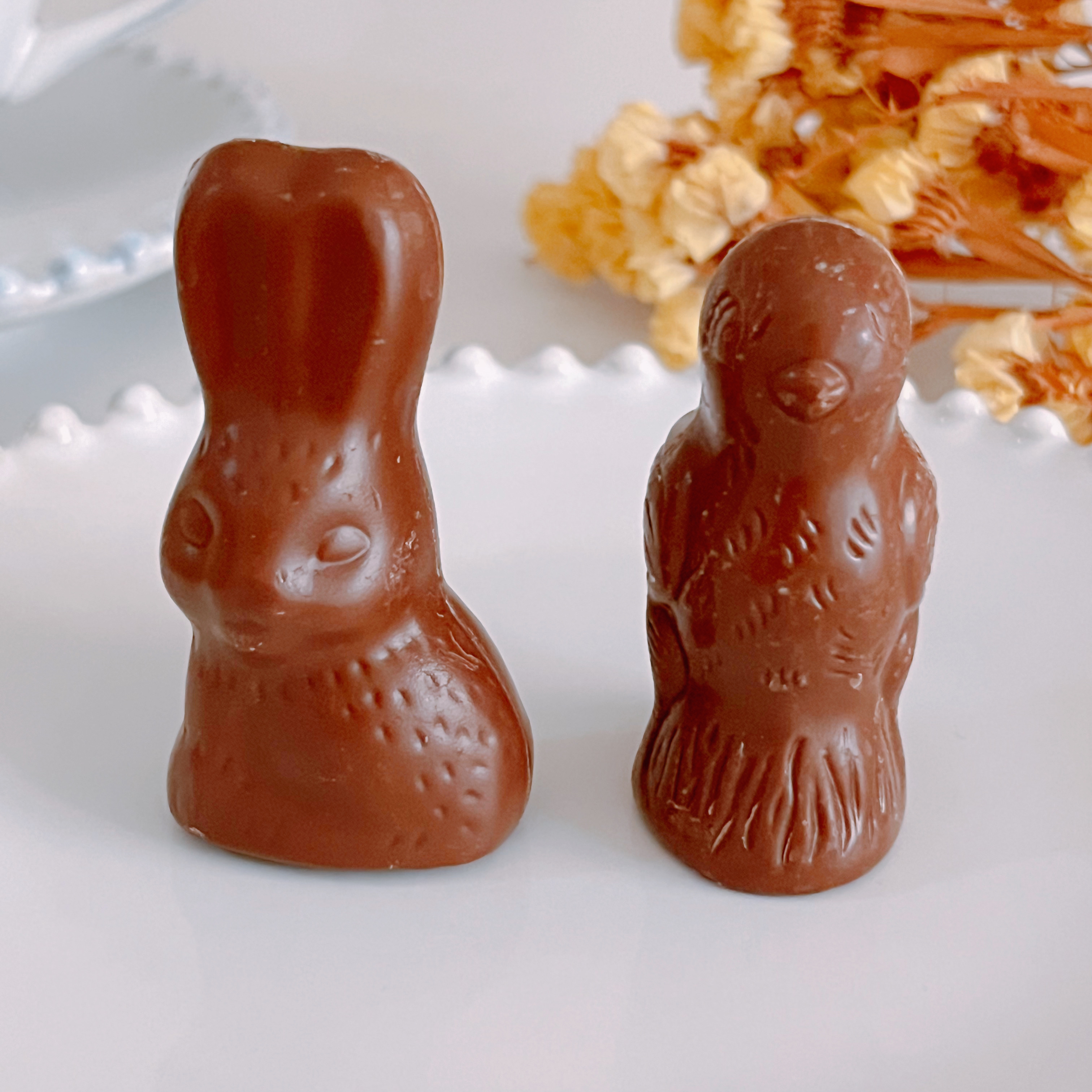 チョコレートで作られたウサギの形と鳥の形のフィギュアが白いプレートに置かれている。
