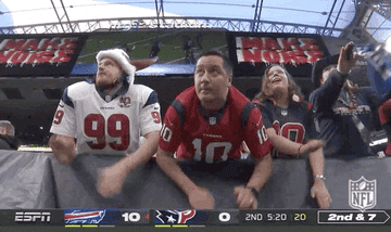 Football fans excitedly cheer from the stands during a televised game, wearing team jerseys and festive accessories