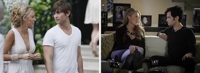 Two scenes from a TV show: On the left, a smiling woman in a sleeveless dress talks to a man in a t-shirt. On the right, a couple talks on a couch