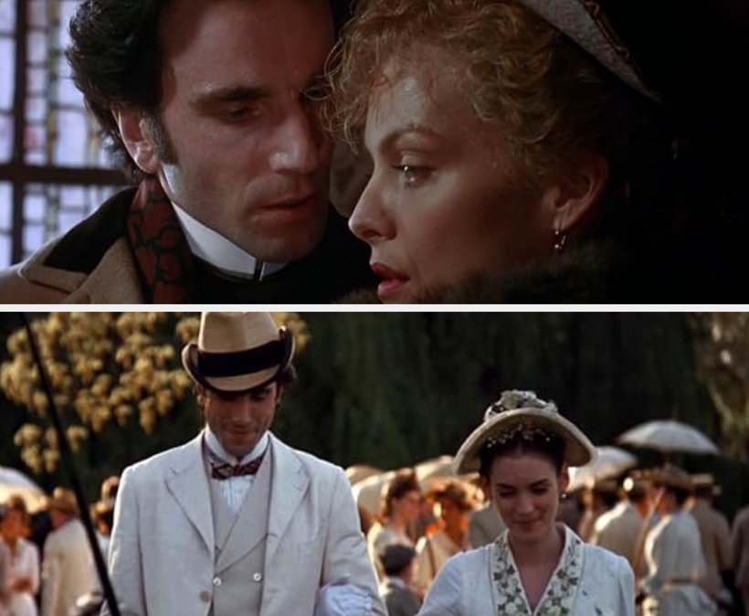 Two scenes from a period drama; a close, intense dialogue above, and a formal outdoor gathering with vintage attire below