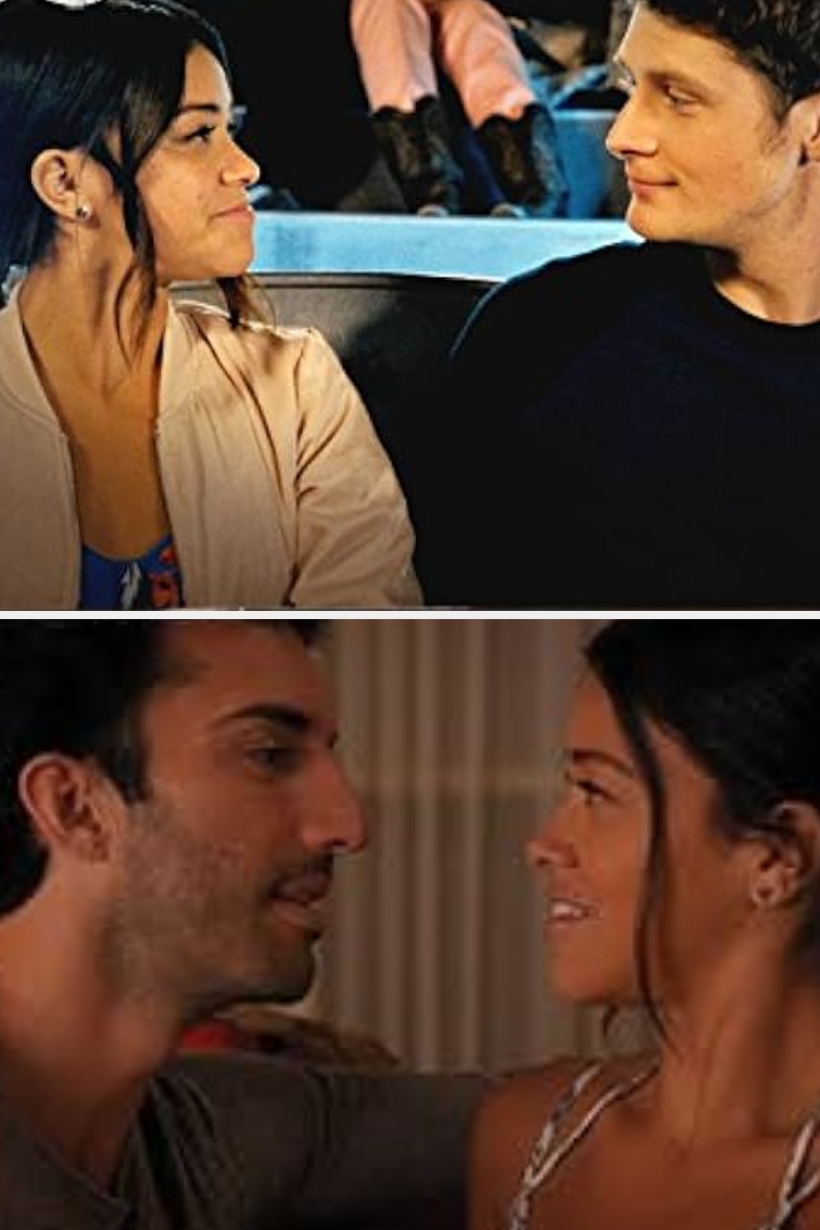 Two scenes from a TV show: Top shows a man and woman smiling at each other on a sofa; bottom shows them in a close, intimate conversation