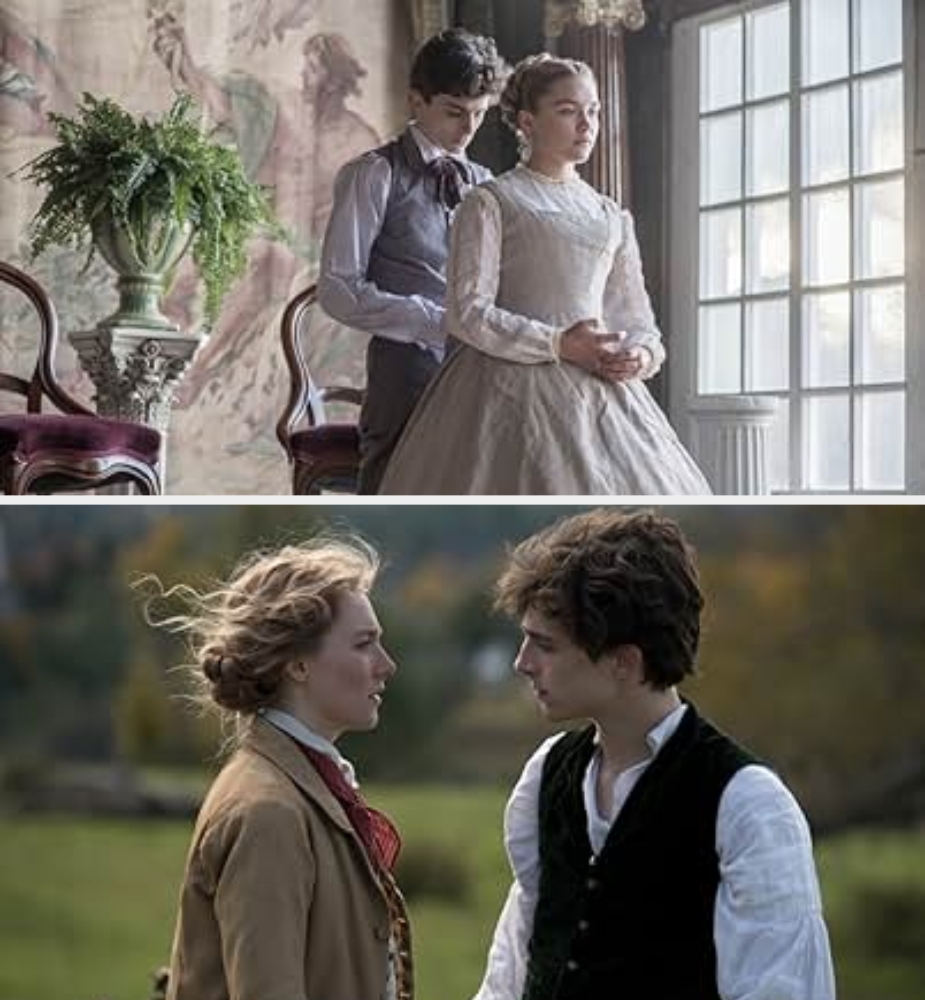 Two scenes from a period drama: In one, a couple in formal attire indoors; in the other, they face each other outdoors in relaxed, vintage clothing