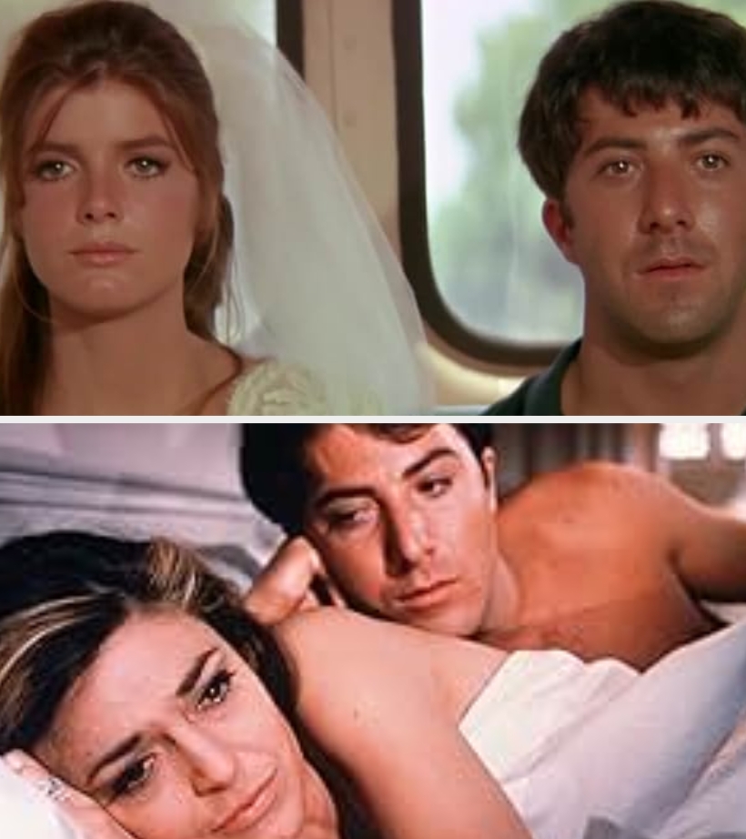 Two scenes from a classic film: A woman in a wedding dress looking forward; a man and woman lying in bed, the woman appears contemplative
