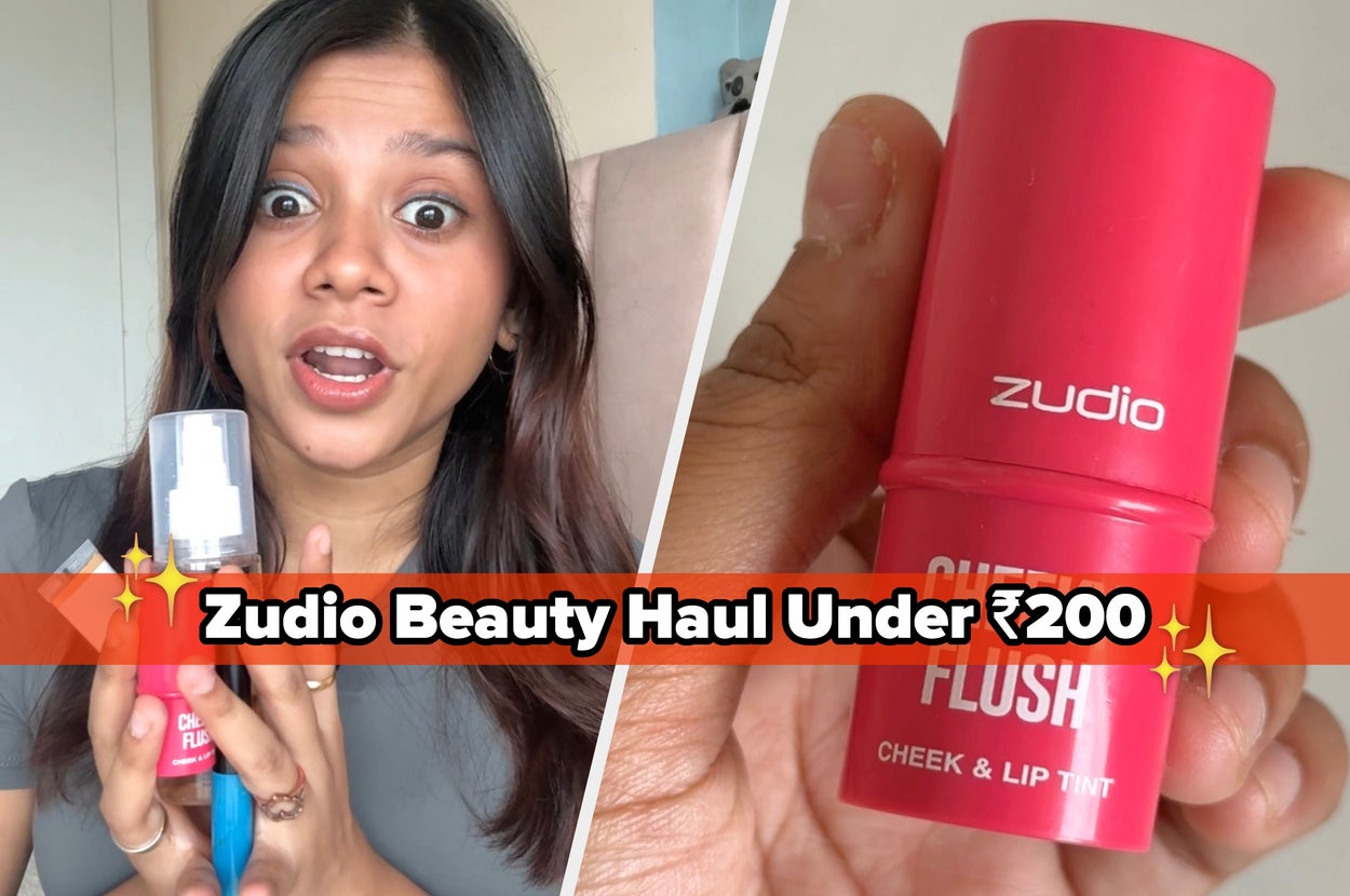 Person holding and discussing affordable Zudio beauty products, including a face mist, with excitement. Text: "Zudio Beauty Haul Under ₹200"