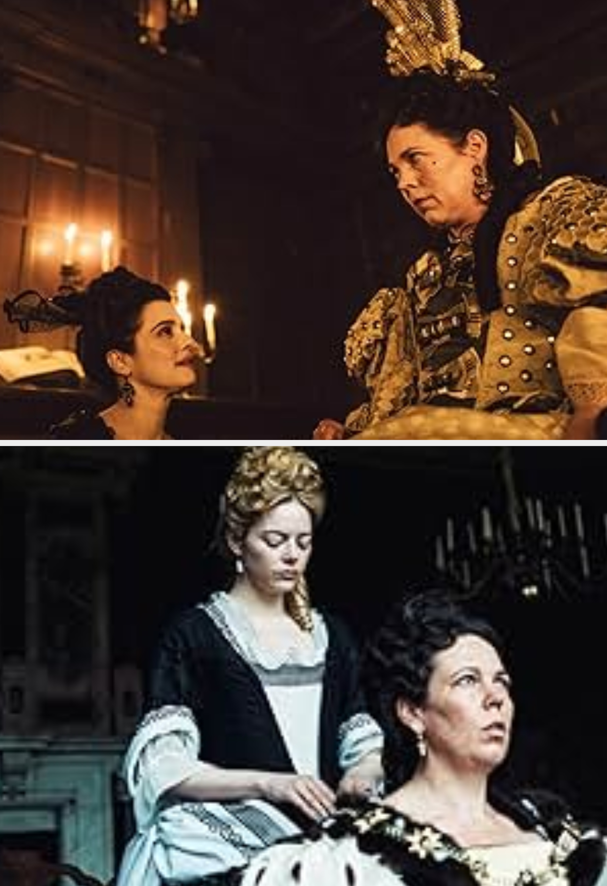 Three individuals in period costumes, featuring elaborate gowns and historical accessories, reminiscent of a historical or royal setting