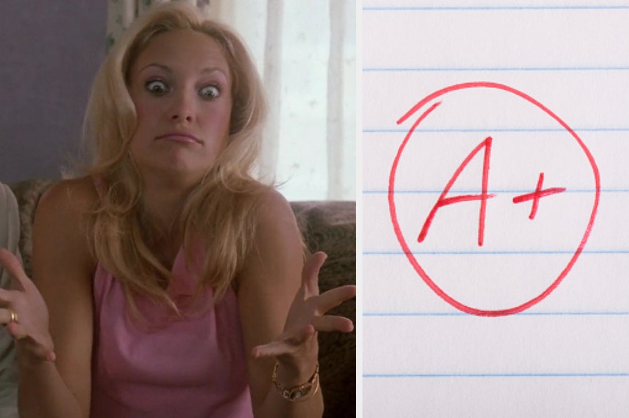 Person shrugging playfully; next to this, an A+ written in red ink on lined paper