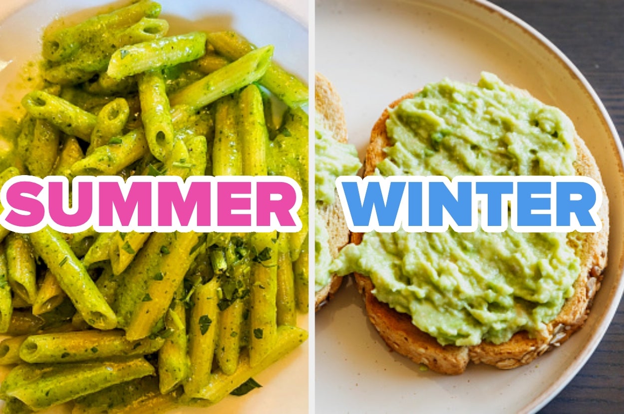 Plate of pesto pasta labeled "Summer" and toast with avocado spread labeled "Winter."