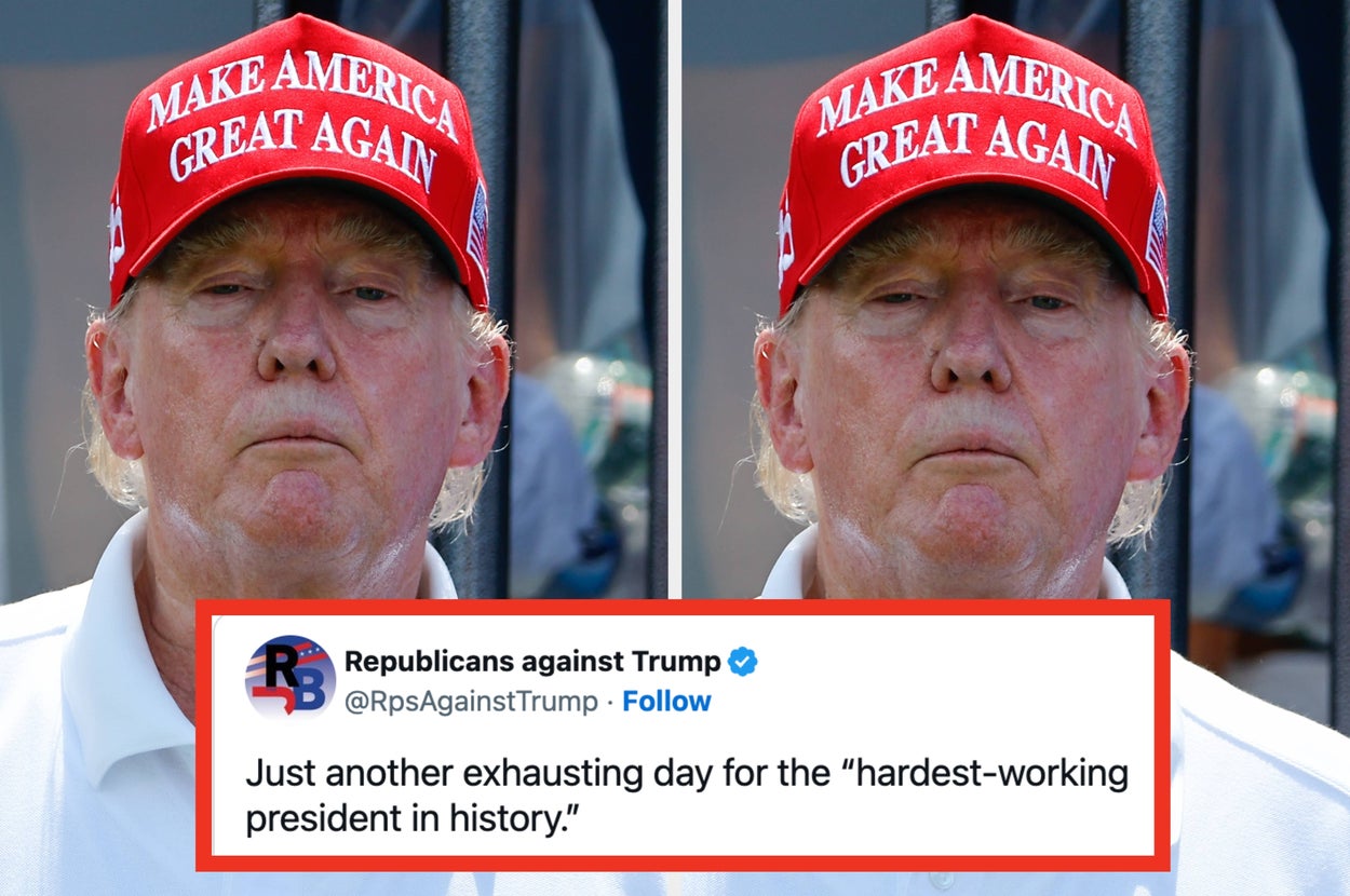 Man in "Make America Great Again" hat appears tired. Text below is a critical comment on his work ethic by "Republicans against Trump."