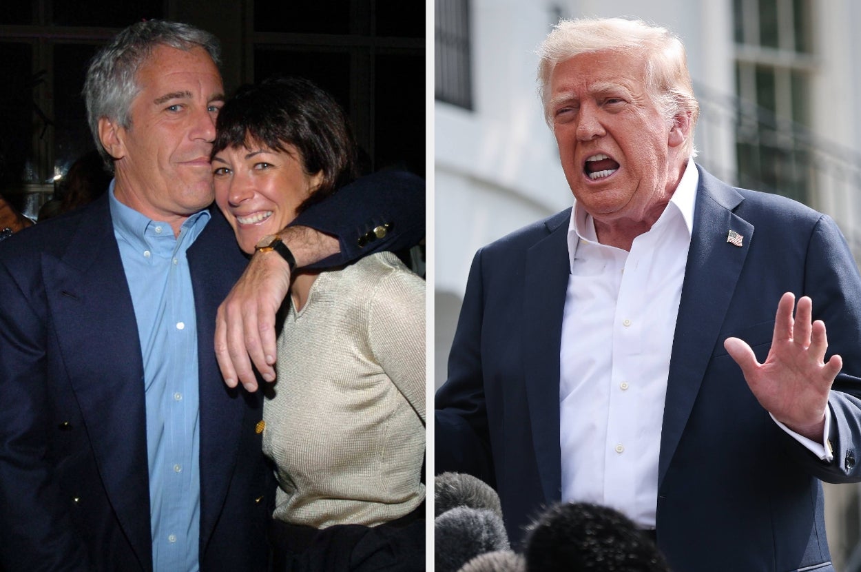 Two photos side by side: Left shows a man and woman smiling, the man in a suit. Right shows a man speaking outdoors in a suit with a U.S. flag pin