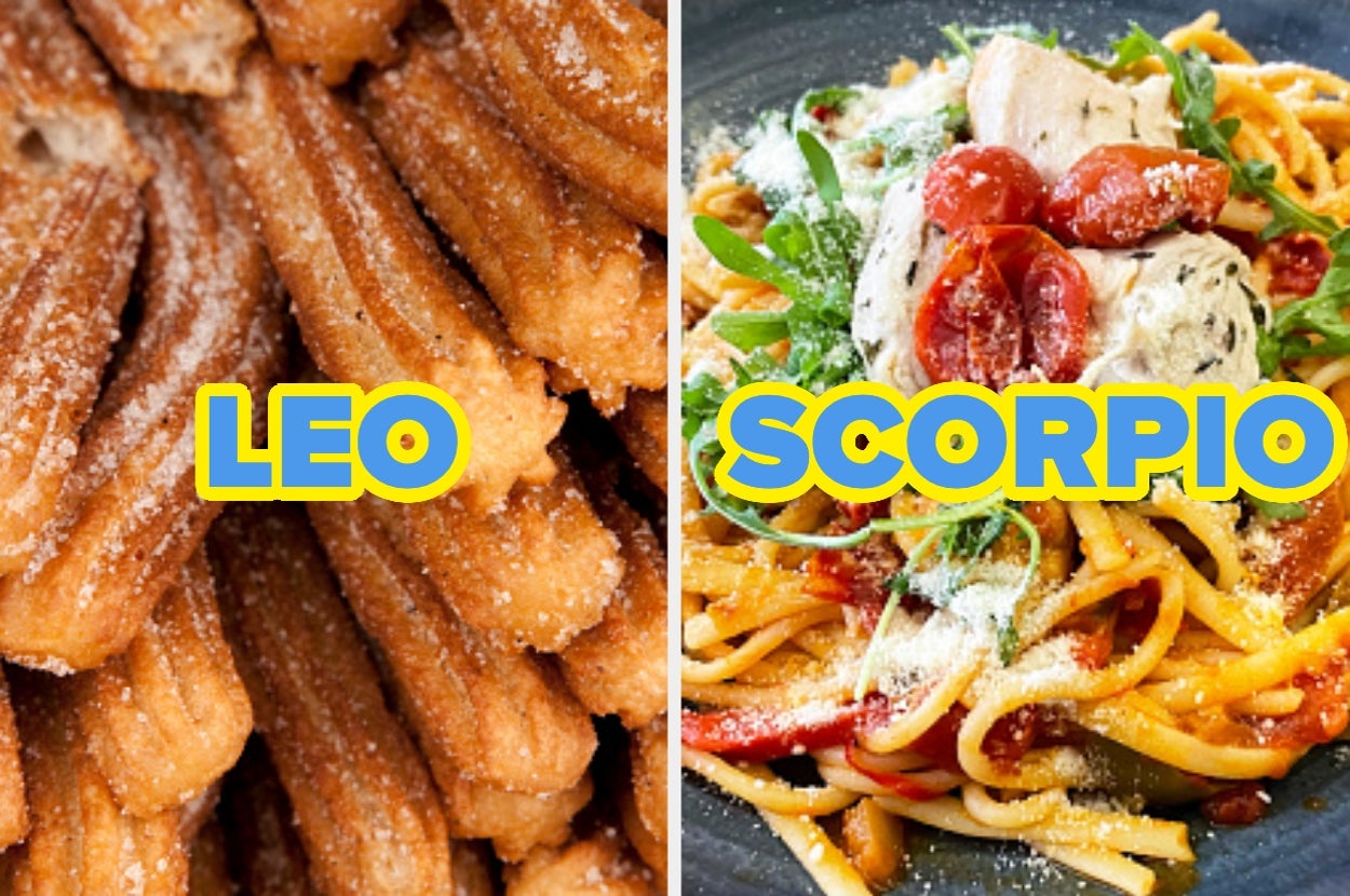 Churros labeled "Leo" on the left. Pasta dish with tomatoes labeled "Scorpio" on the right