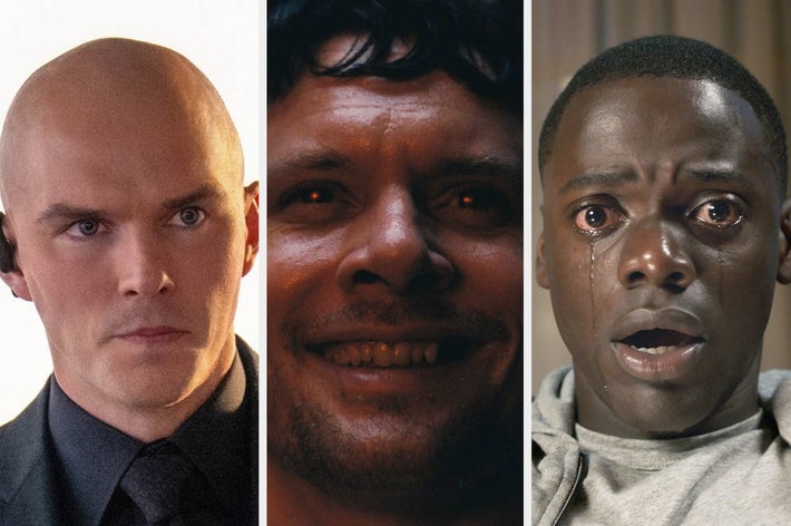 Compilation of intense close-ups from thriller and horror films, showing three different characters with varied emotions