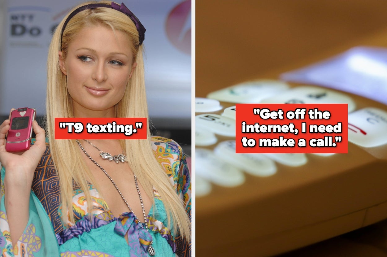 Split image of Paris Hilton holding a pink Razr and a landline with numbers illuminated. Text: "T9 texting." / "Get off the internet, I need to make a call."