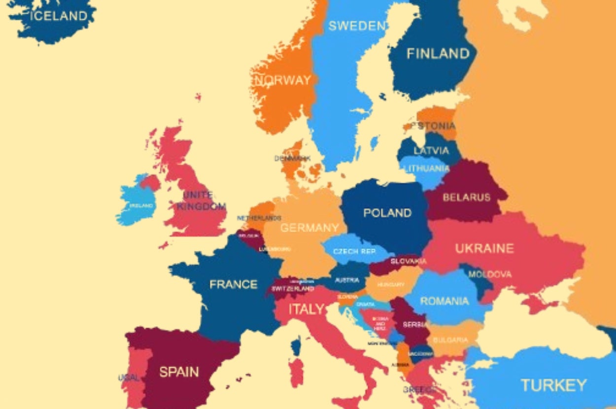 Map of Europe with countries labeled and color-coded to differentiate between them