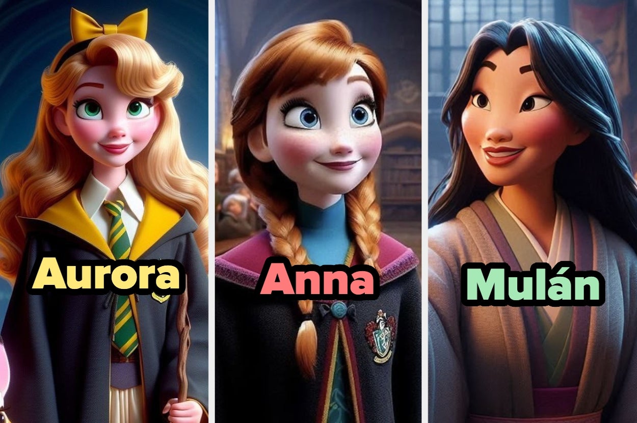 Aurora, Anna y Mulán con atuendos inspirados en escuelas mágicas. Los nombres aparecen sobre sus imágenes