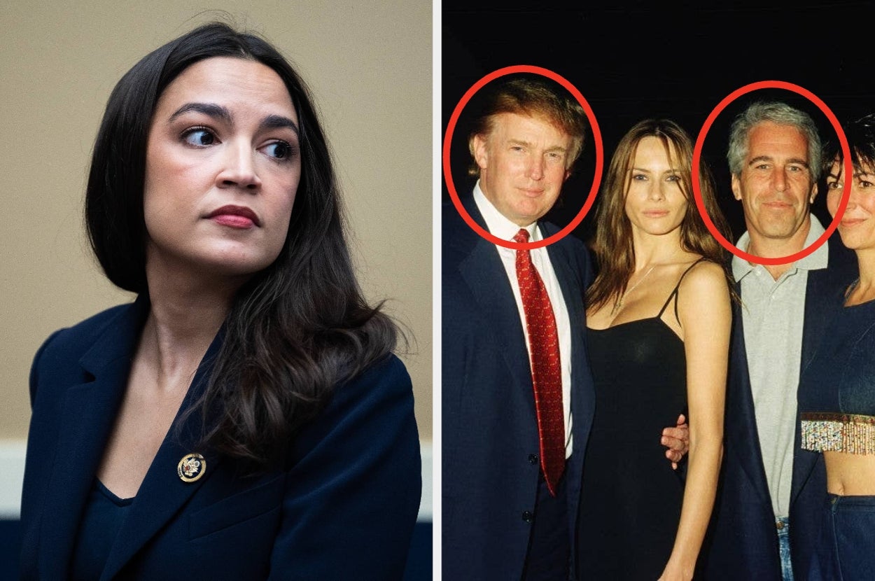 AOC in a suit looks sideways; adjacent image shows Donald and Melania Trump alongside Jeffrey Epstein and Ghislane Maxwell
