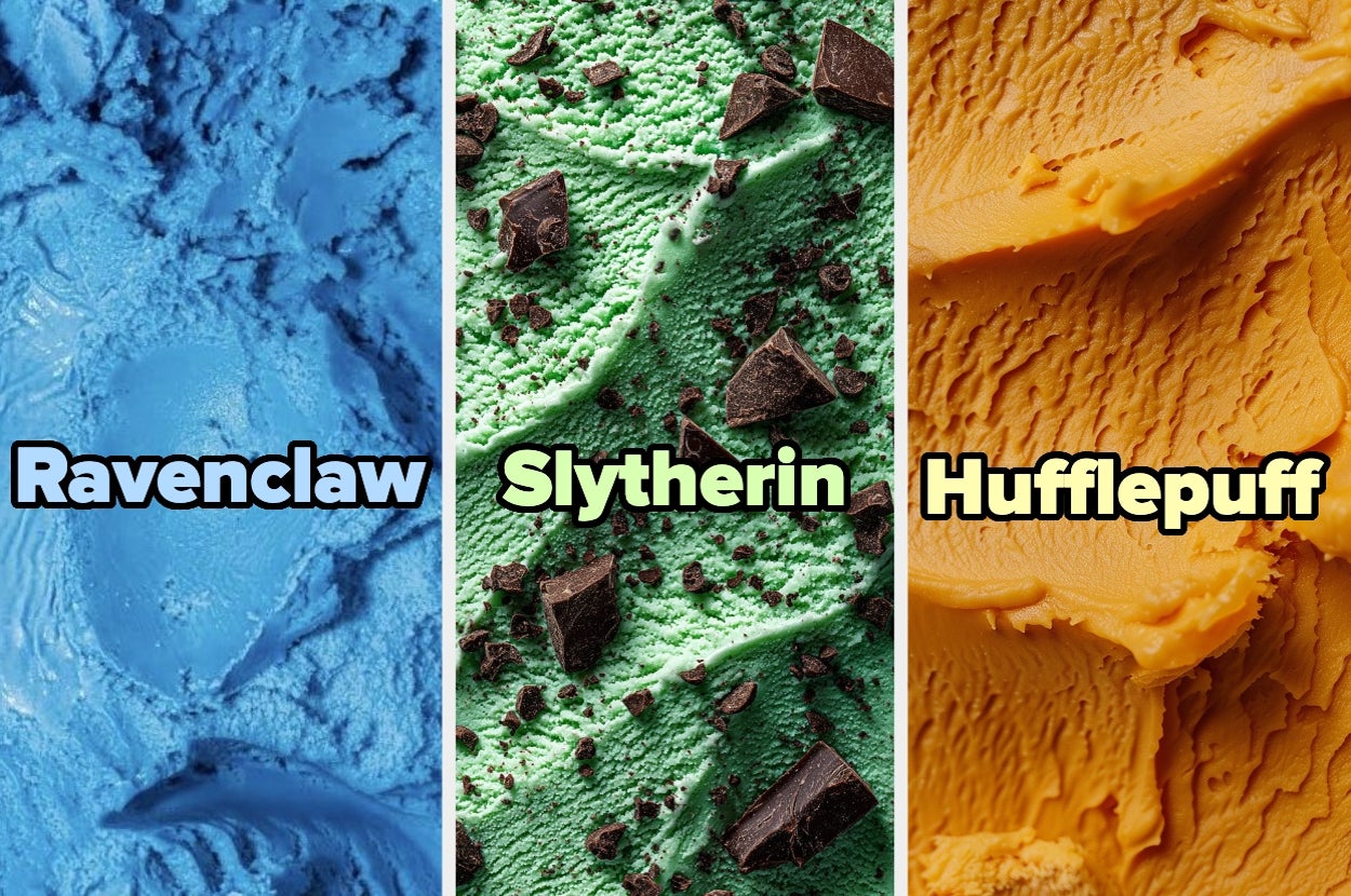Tres sabores de helado etiquetados: Ravenclaw (azul), Slytherin (verde con trozos de chocolate) y Hufflepuff (naranja)