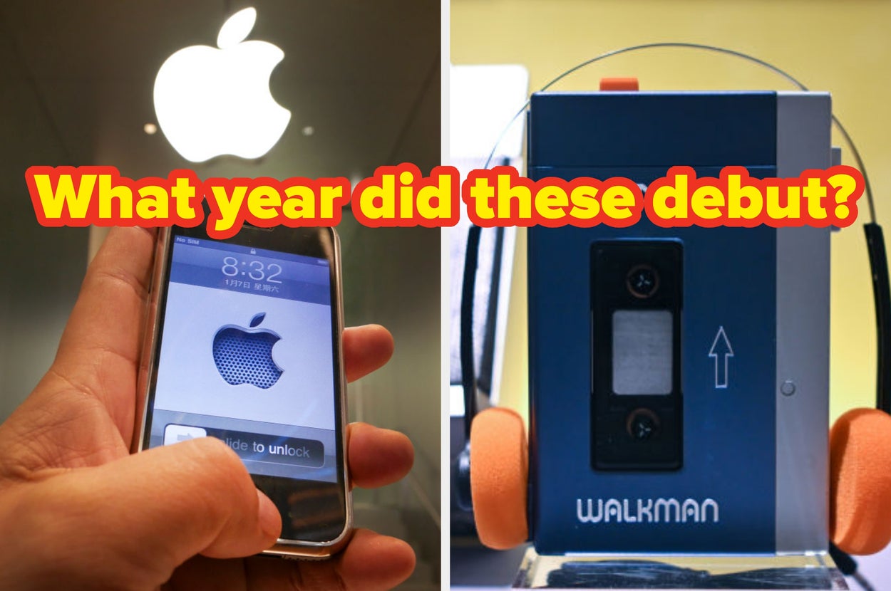 Comparison of an old iPhone and a Sony Walkman with text asking about their debut years