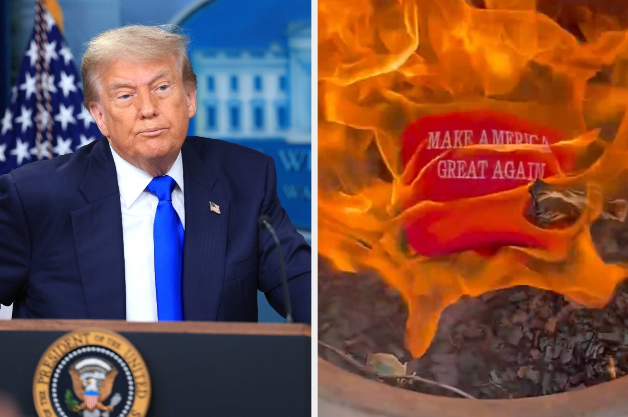 Left: Person at podium with U.S. flags. Right: "Make America Great Again" hat burning in flames