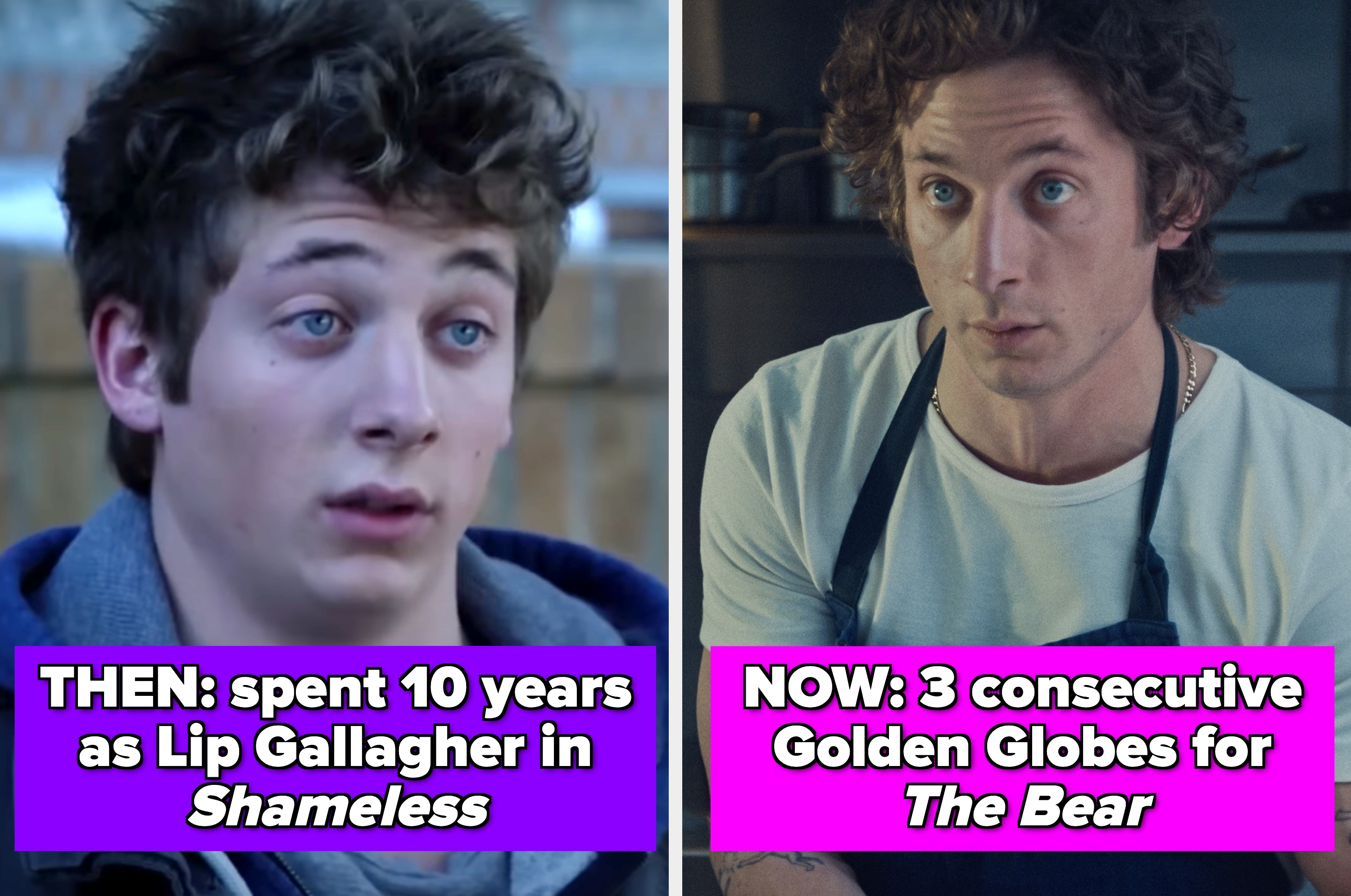 Split image showing the same actor in different roles: a younger version on the left and an older version wearing a chef's apron on the right