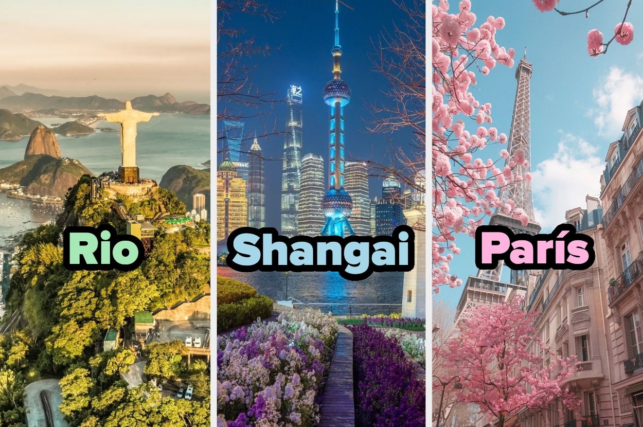 Montaje de tres ciudades: Río con Cristo Redentor, Shanghái con rascacielos, y París con árboles en flor y la Torre Eiffel