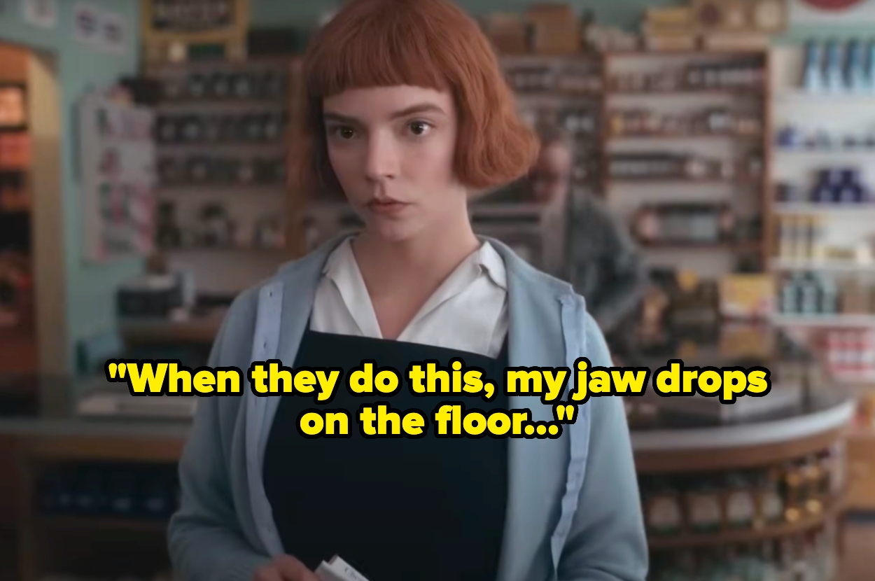 A woman with short hair, wearing a collared dress, stands in a store holding an item. Text reads: "When they do this, my jaw drops on the floor..."