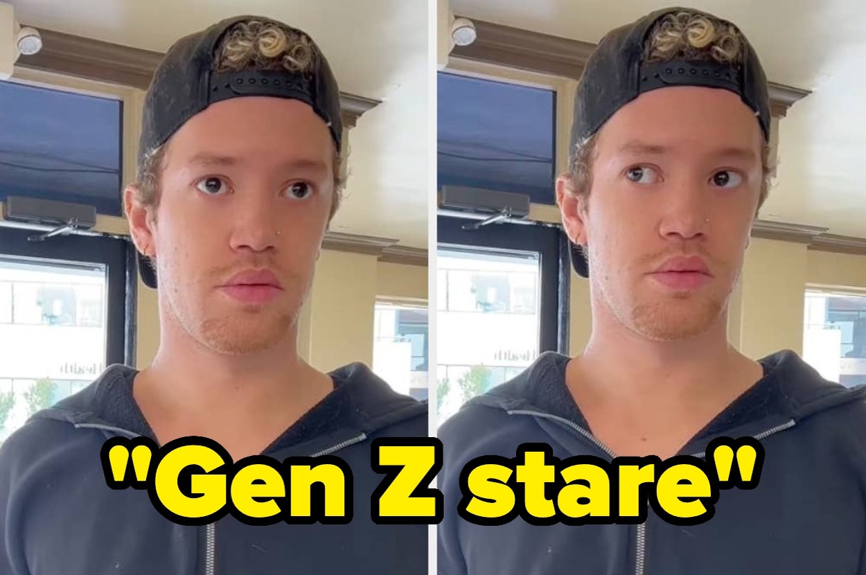 Person with a baseball cap looking expressionless, accompanied by the text "Gen Z stare" below