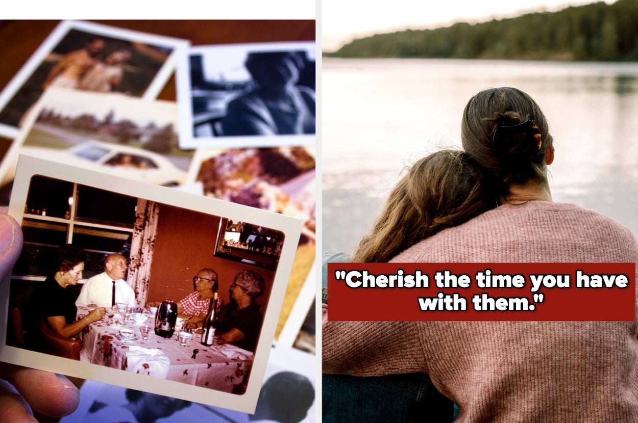 A hand holds a photo of people at a dinner table. Next to it, a couple sits by water with text: "Cherish the time you have with them."