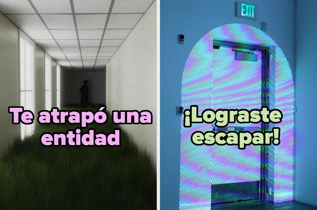 Montaje de dos imágenes: una figura en un pasillo atrapada por una entidad y una puerta de escape con texto "¡Lograste escapar!"