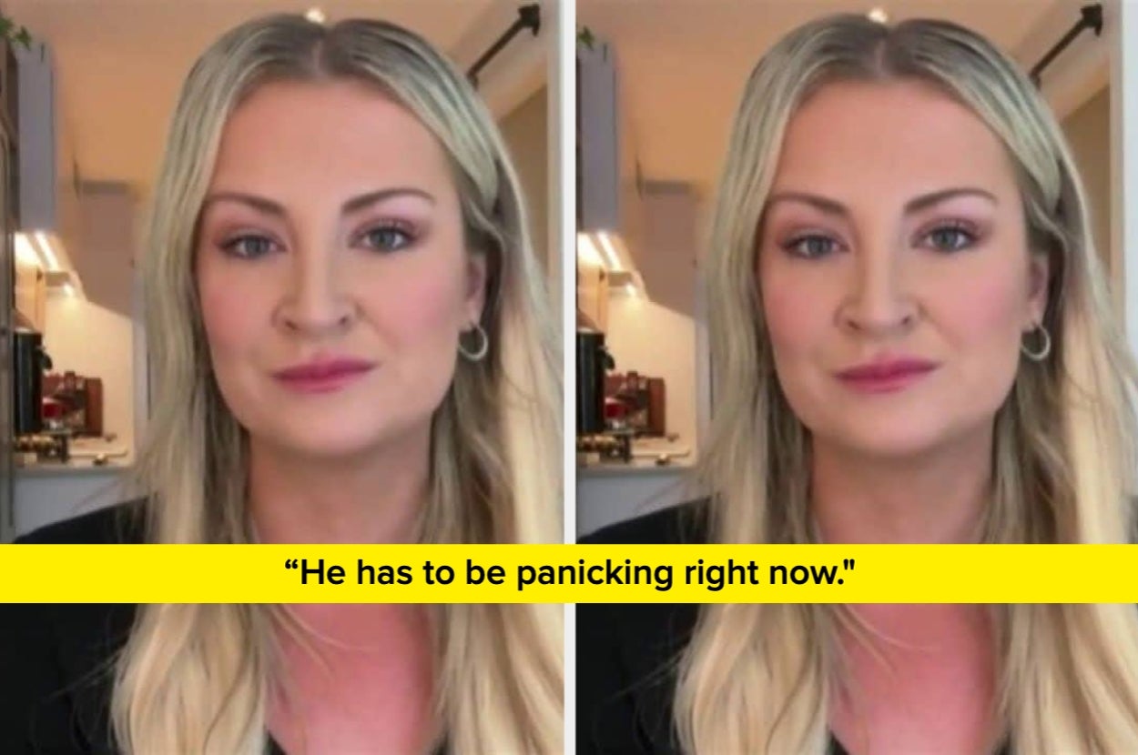 A person with long hair is shown twice with a neutral expression. A caption reads, "He has to be panicking right now."