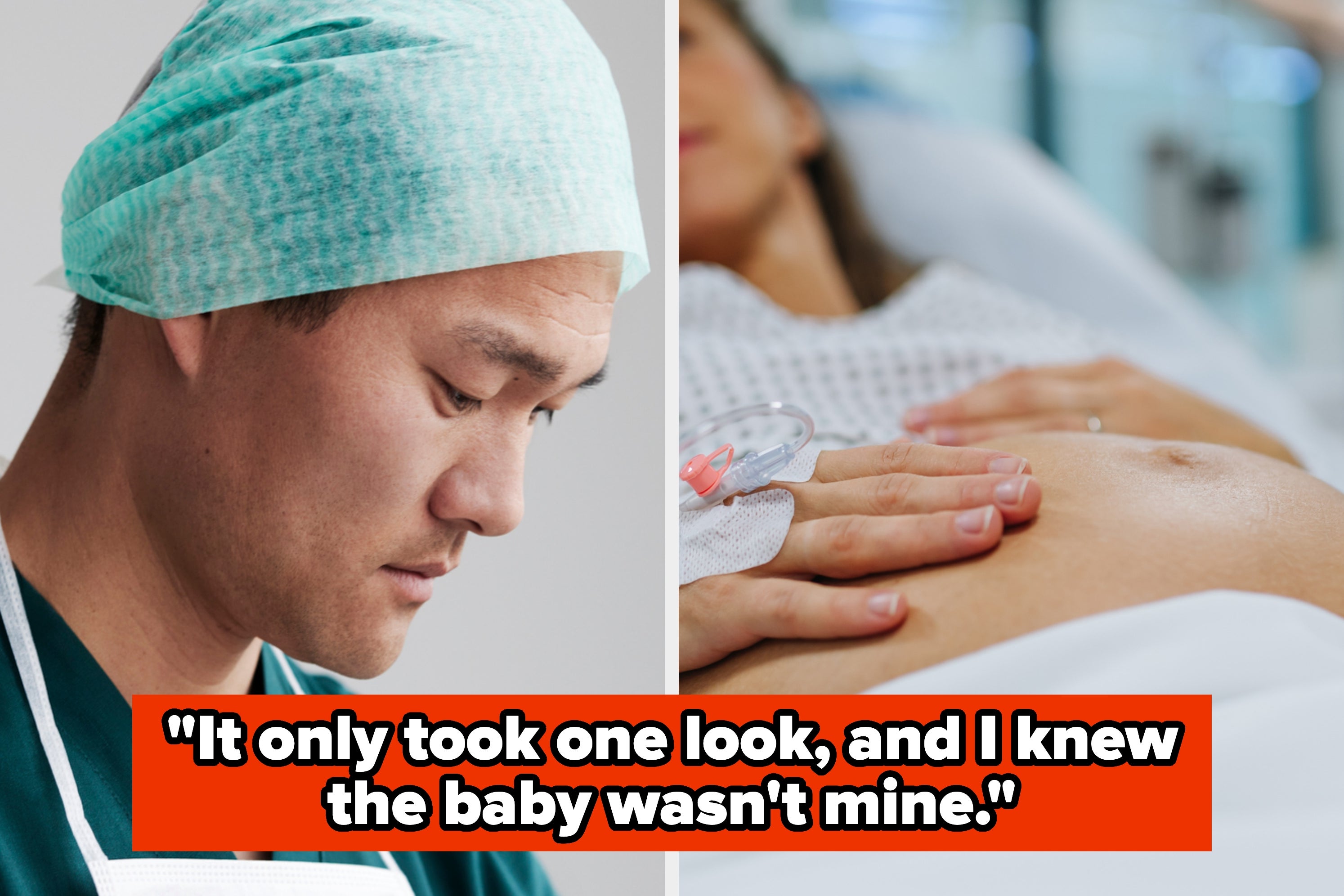 A thoughtful doctor looks at a pregnant woman's belly; caption reads, "It only took one look, and I knew the baby wasn't mine."