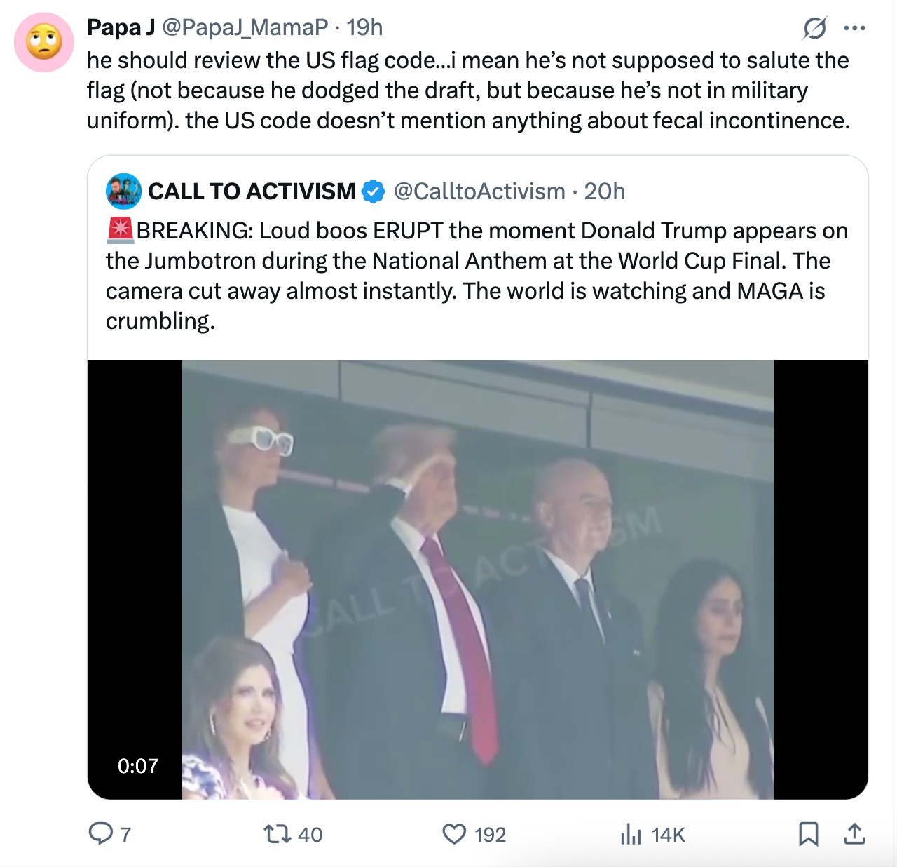 Tweet about loud boos during Donald Trump's appearance on the Jumbotron at the World Cup final during the national anthem