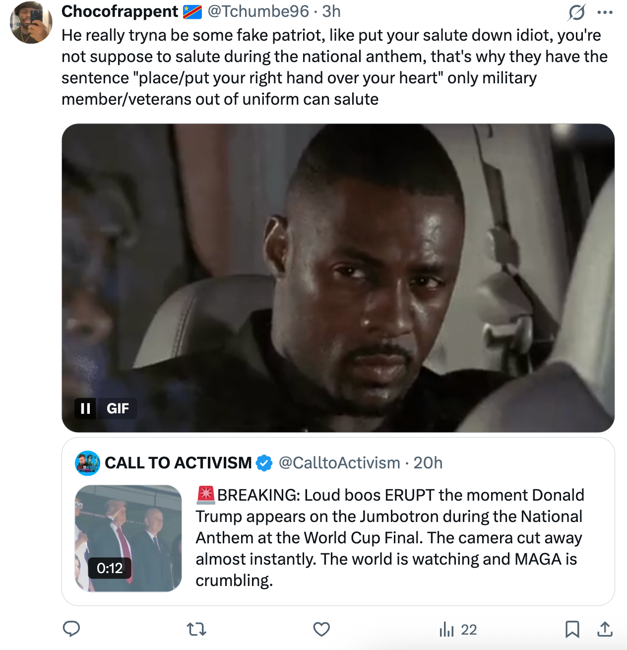 Tweet discussing national anthem etiquette with a video showing a man giving a stern look while subtitles play. A news tweet about a crowd reaction follows