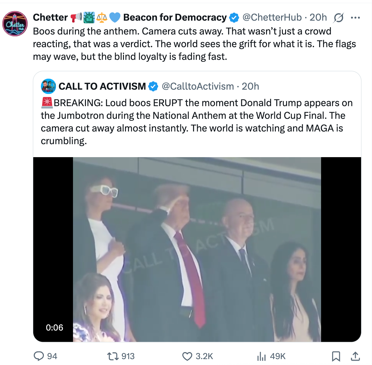 Individuals stand during the national anthem at a sports event. The caption discusses reactions to a public figure's appearance on screen
