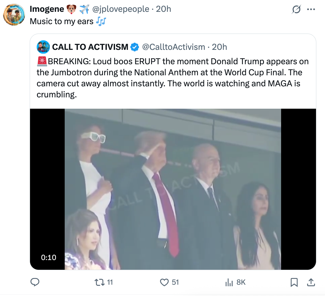 Tweet showing a video clip of Donald Trump at the World Cup. People react as the camera cuts away during the national anthem