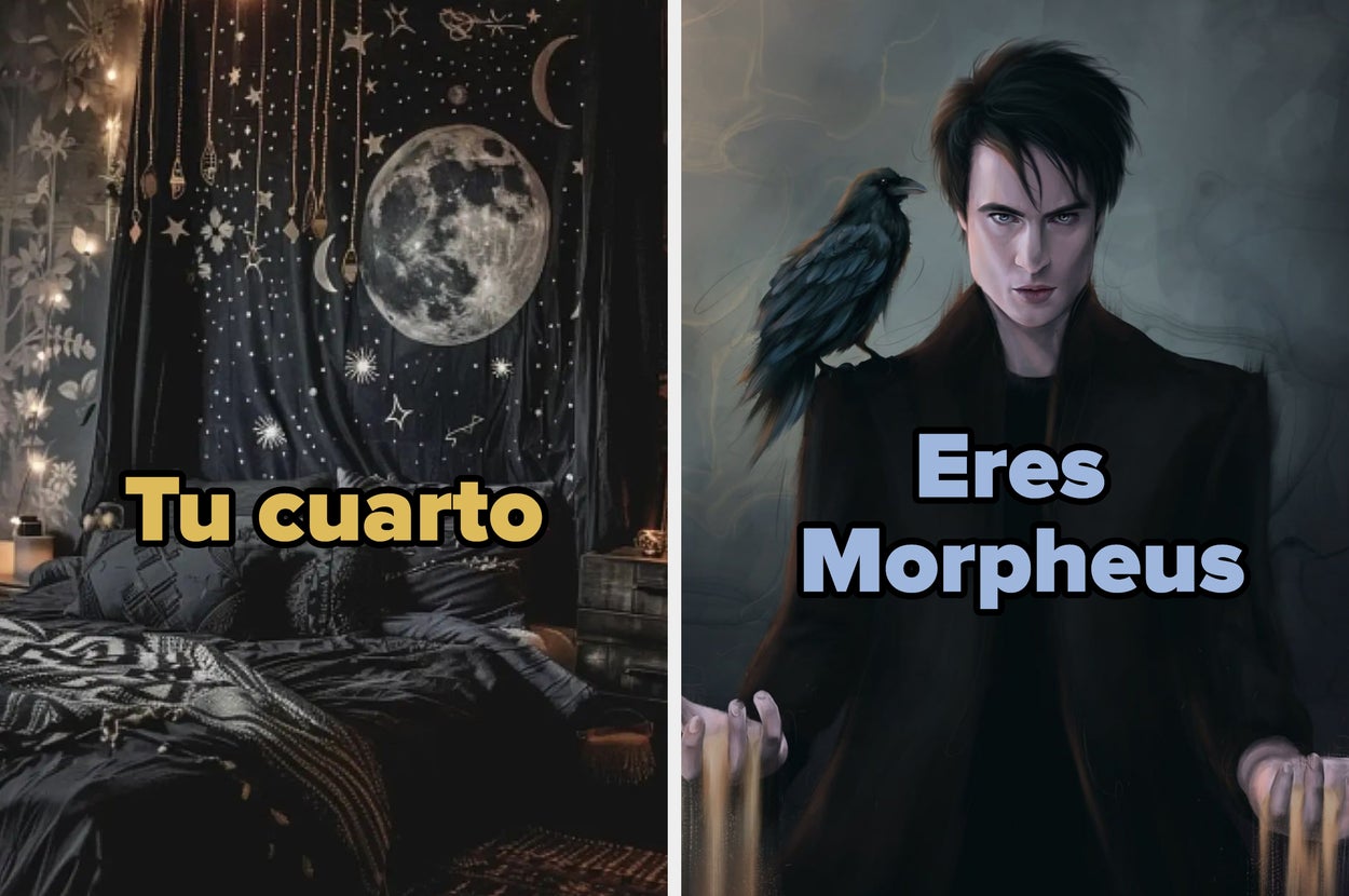 A la izquierda, una habitación con decoración nocturna. A la derecha, un personaje estilo gótico con un cuervo y texto: "Eres Morpheus"