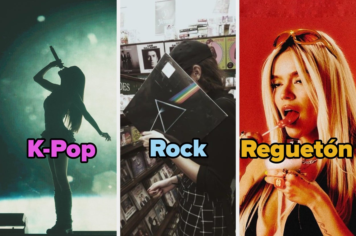 Tres imágenes representan estilos musicales: persona cantando K-Pop, persona con vinilo de rock, y persona disfrutando música mientras toma una bebida