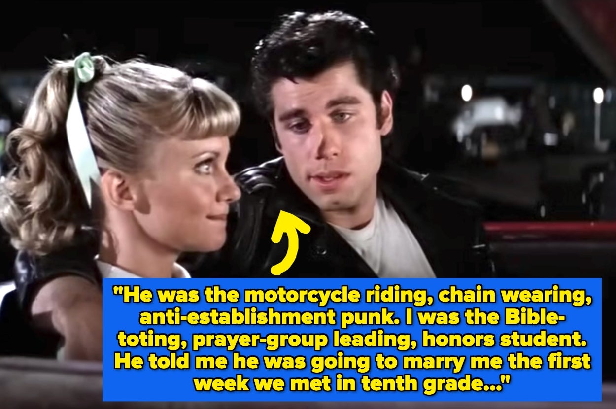 A couple talking in a vintage car. A yellow arrow points to the man. Text below humorously contrasts their high school personas