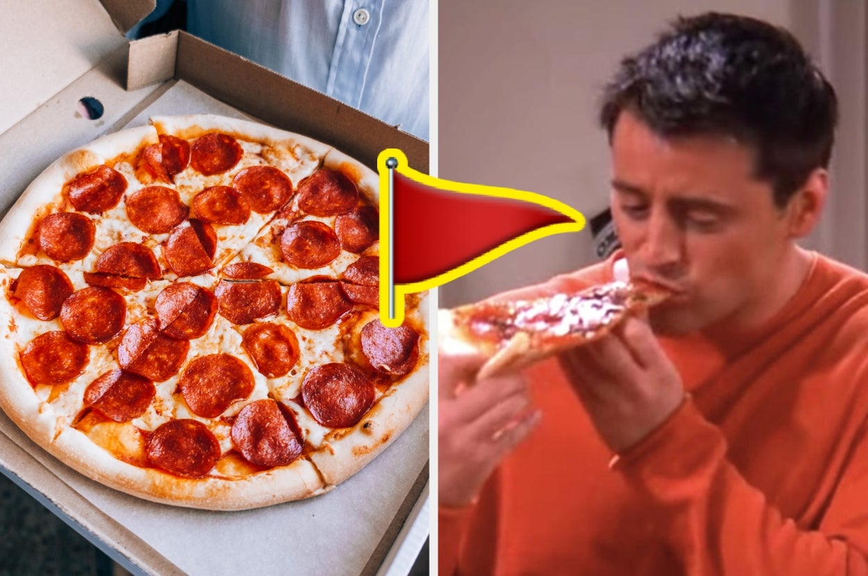 A person enjoys a slice of pepperoni pizza from a box, contrasting with a red flag symbol, indicating a humorous or warning context