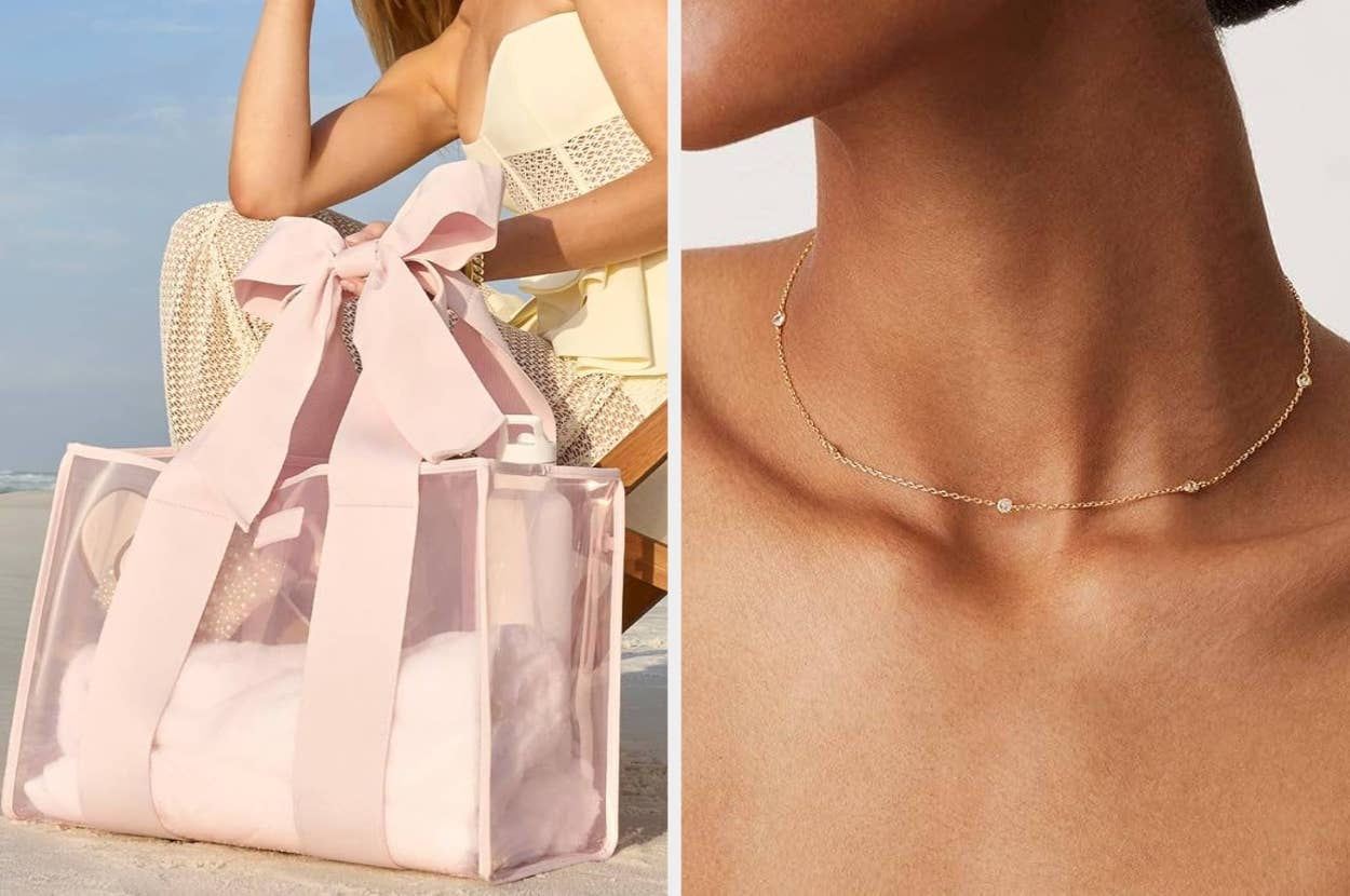 A transparent tote bag with a large bow beside a woman lounging, and a close-up of a delicate gold necklace on a person's neck