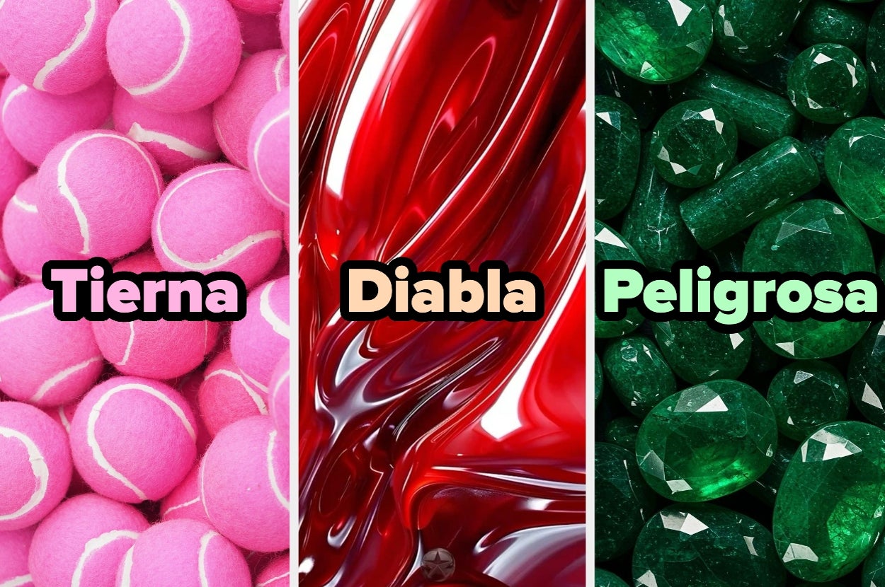 Tres columnas: 1. Pelotas de tenis con texto "Tierna". 2. Líquido rojo con texto "Diabla". 3. Gemas verdes con texto "Peligrosa"