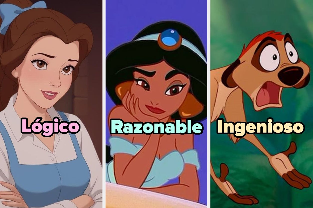 Tres personajes animados con los textos: "Lógico" debajo de una mujer con vestido, "Razonable" debajo de otra mujer, "Ingenioso" debajo de un suricata