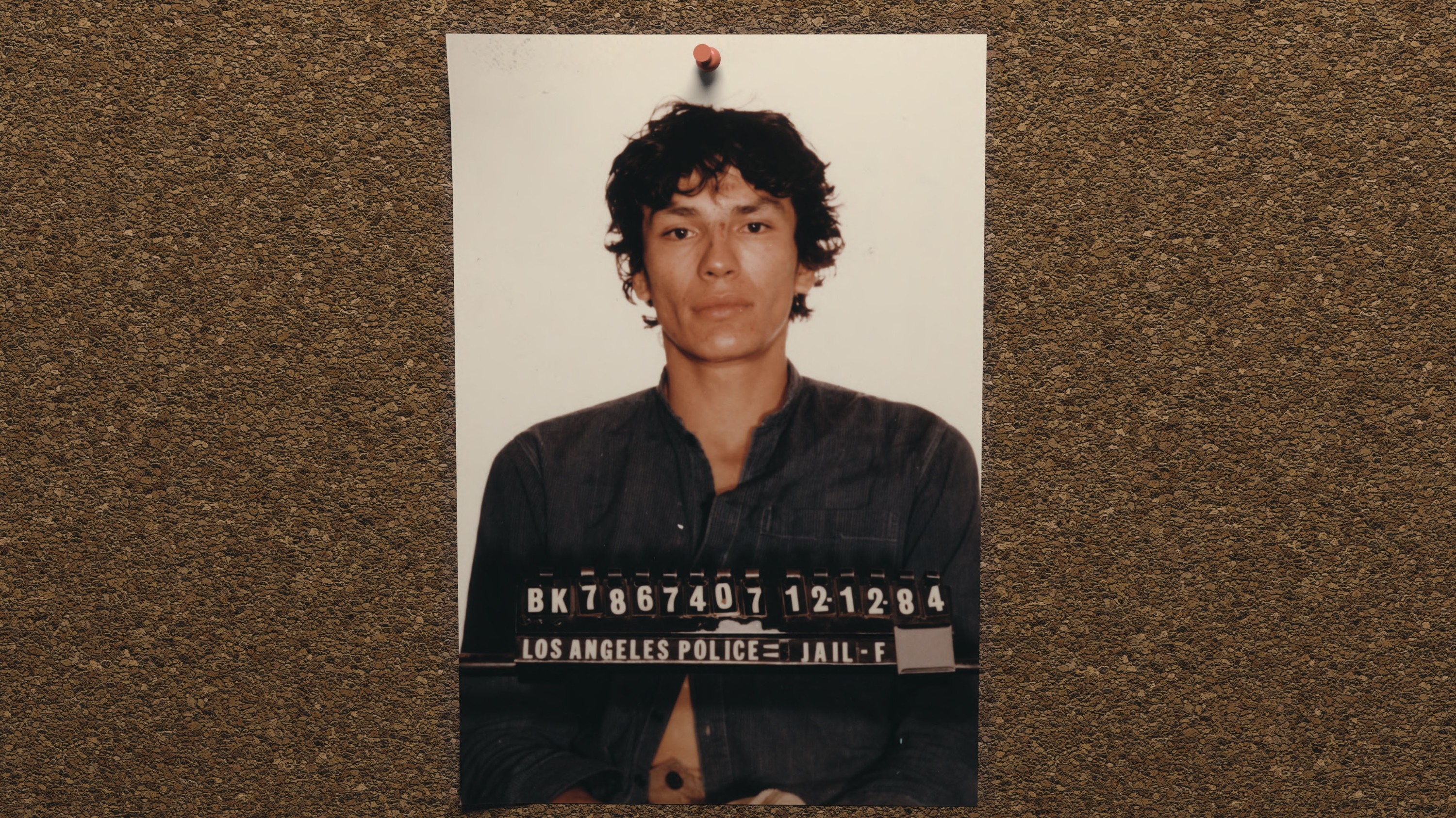 A mugshot of an unidentified person with curly hair and a serious expression against a plain background