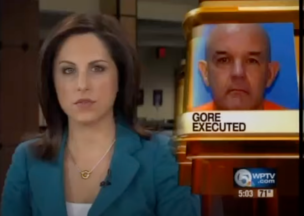 News anchor reports on the execution of a prisoner named Gore, with an image of Gore shown on-screen