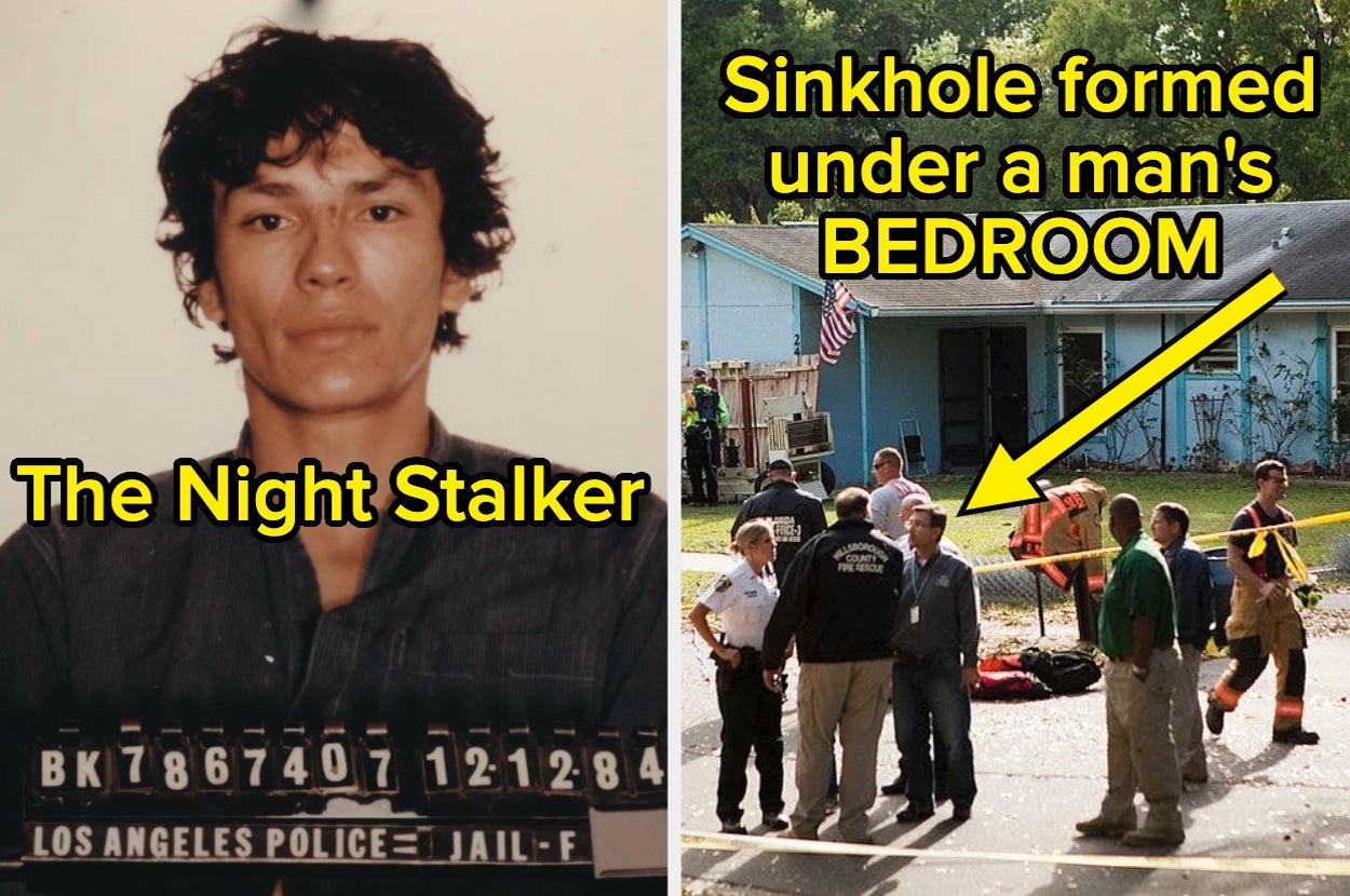 Left: Mugshot of a man known as "The Night Stalker." Right: People gather around a sinkhole in front of a house with a yellow arrow pointing at it