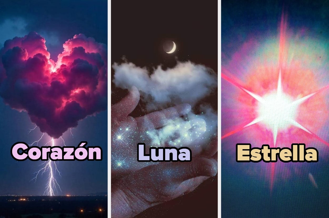 Imagen de tres secciones: corazón de nubes con relámpagos, mano sosteniendo la Luna y polvo estelar, y estrella brillante con texto "Corazón", "Luna", "Estrella"